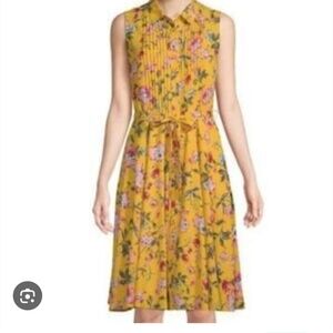 Nanette Lepore Yellow Floral Print Pleated Sleeveless Dress W Belt Sz 8